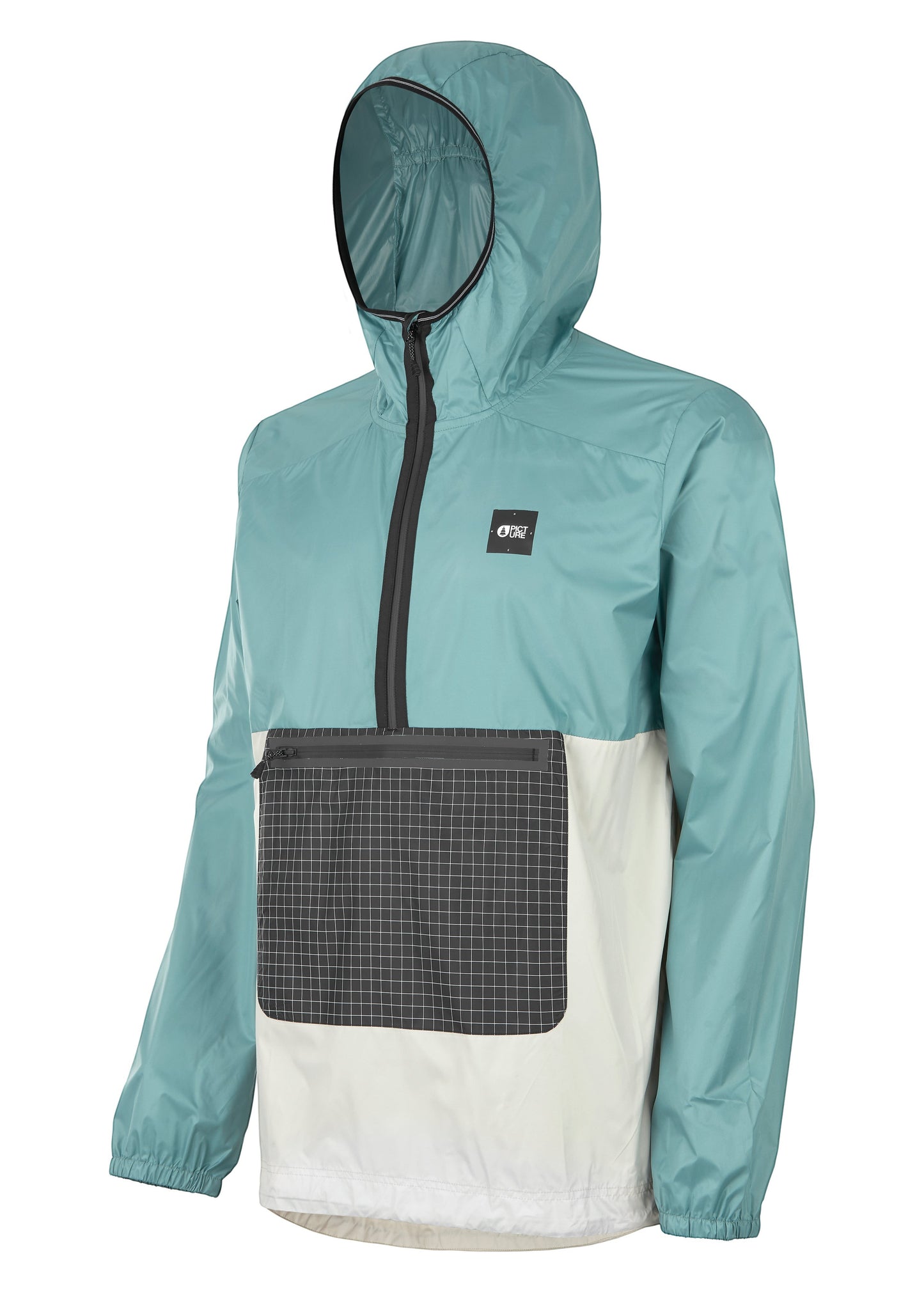 Invogue Again Picture Wailer JKT windbreaker in arctic blue and white with a grid-patterned front pocket and hood.