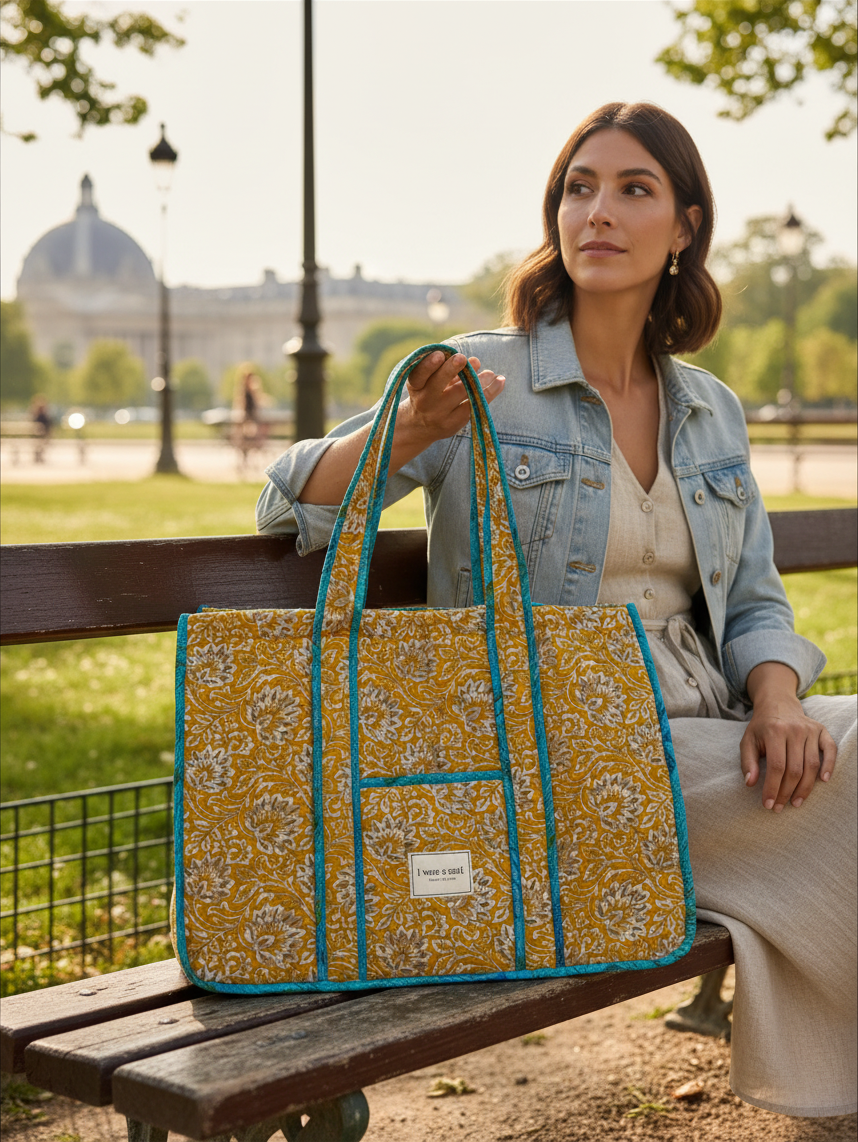 Invogue Again quilted work tote bag in yellow floral sari fabric with blue trim, held by a woman on a park bench.