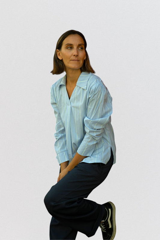 ELEONORA ELLE - Light blue cotton blouse with mint stripes
