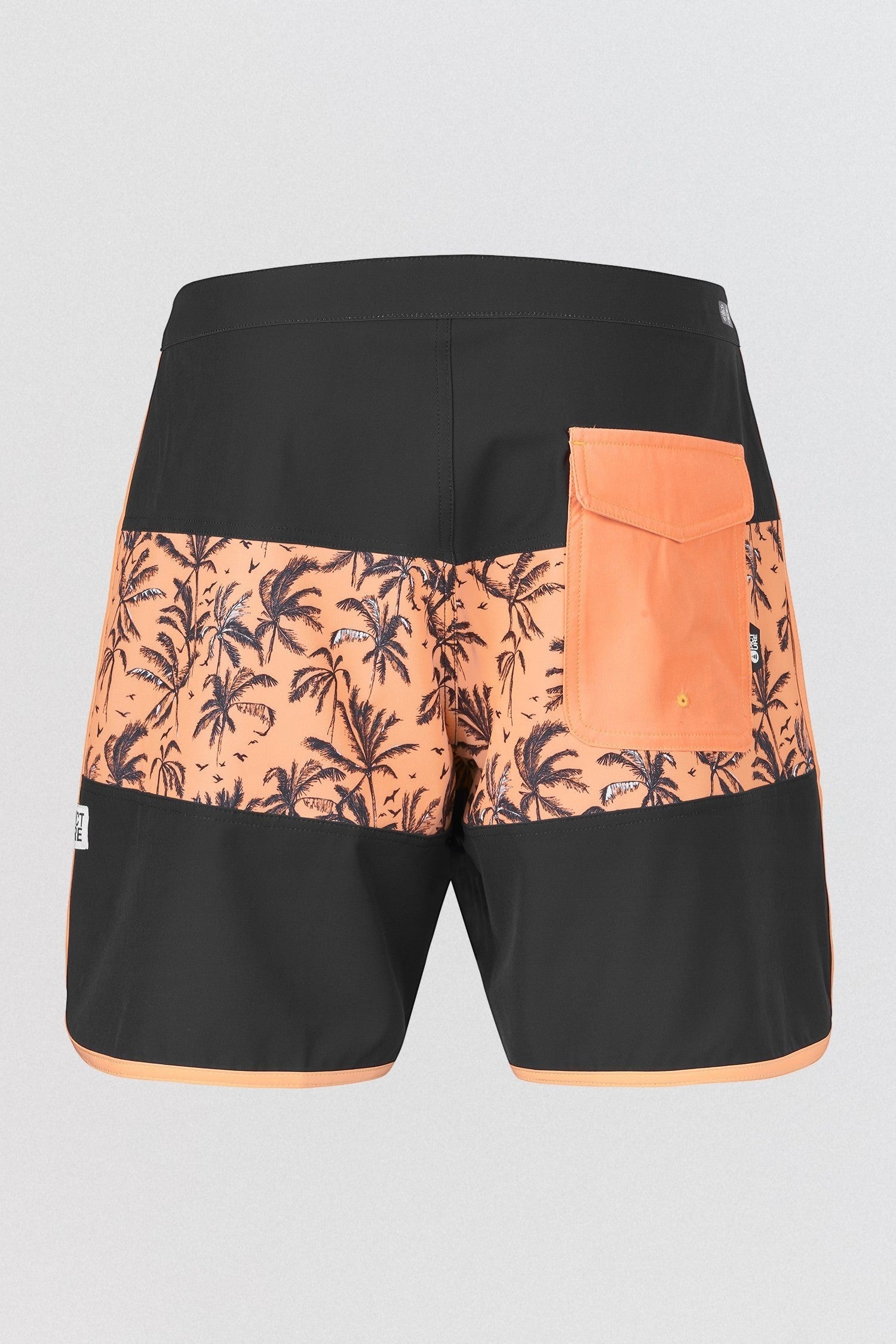 Invogue Again Picture Andy 17 inch boardshorts in black and orange with a tropical palm tree print and back pocket