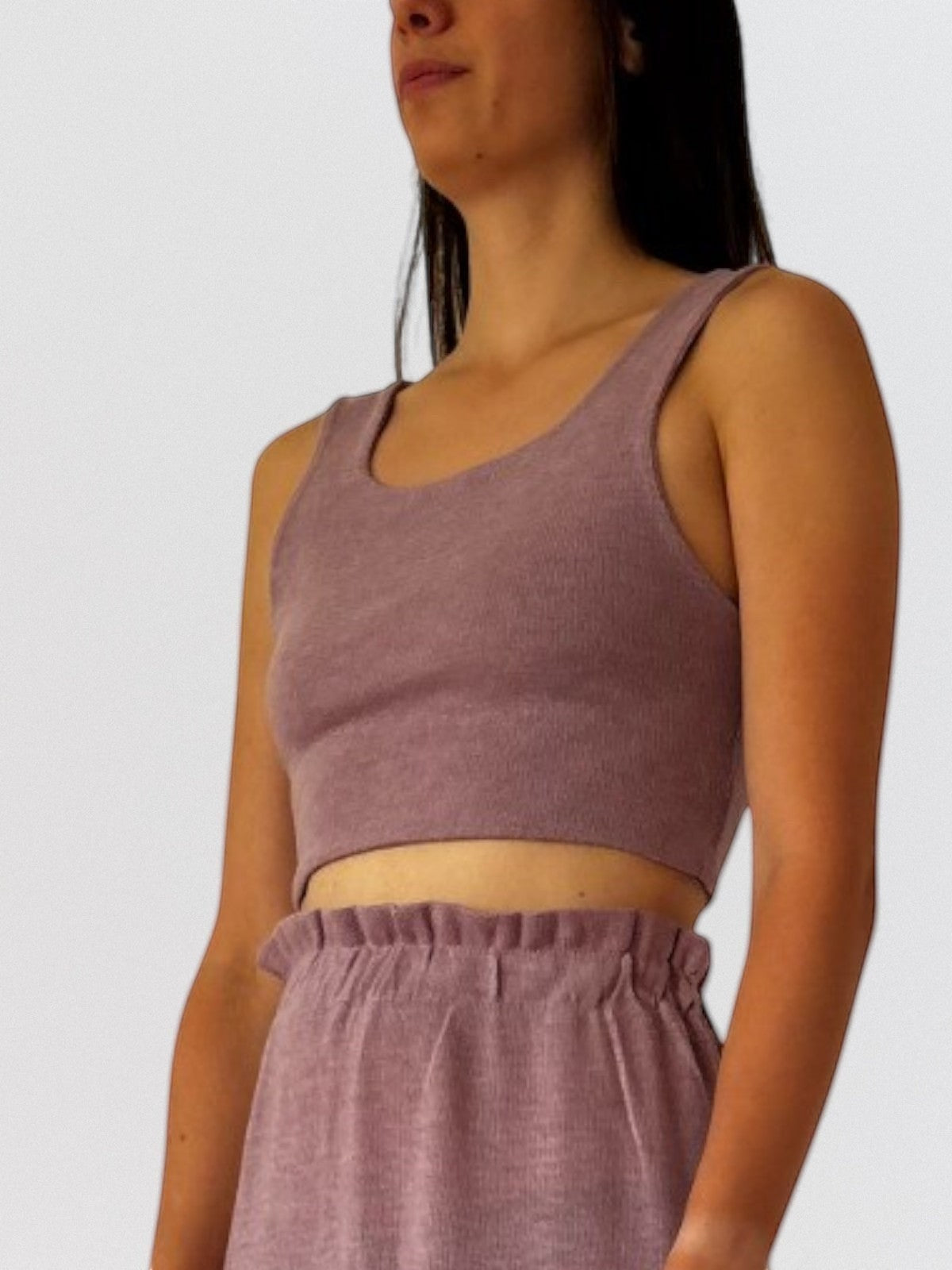 Invogue Again ELEONORA ELLE malva crop top with a scoop neckline worn by a model against a neutral background