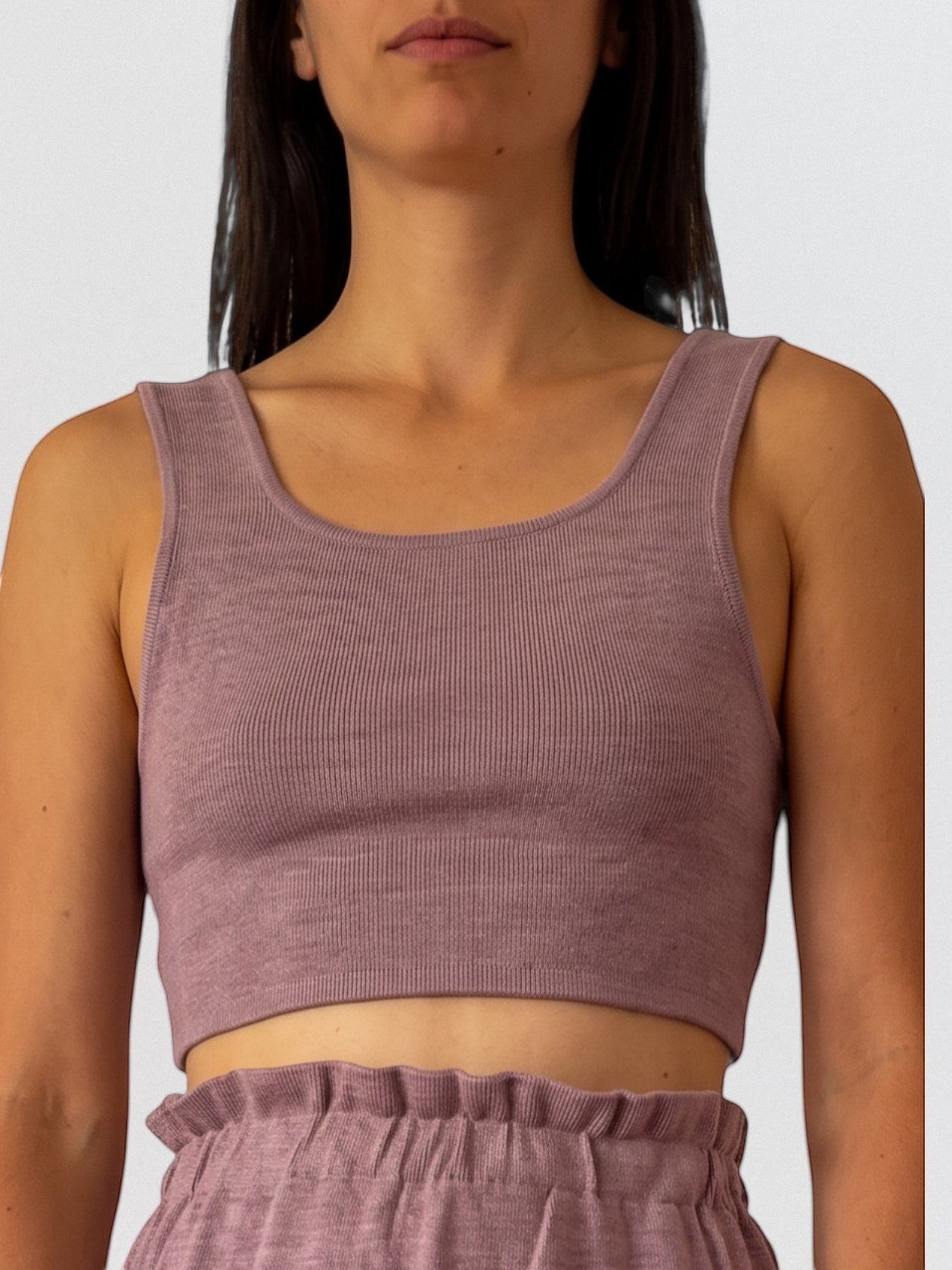 Invogue Again mauve ribbed knit crop top with a scoop neckline worn by a model