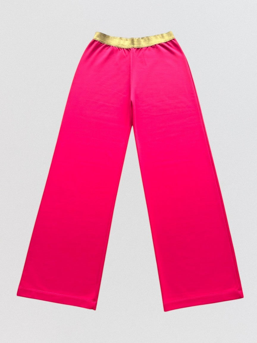 Pantaloni Invogue Again fucsia a gamba larga con vita elastica dorata in misto viscosa