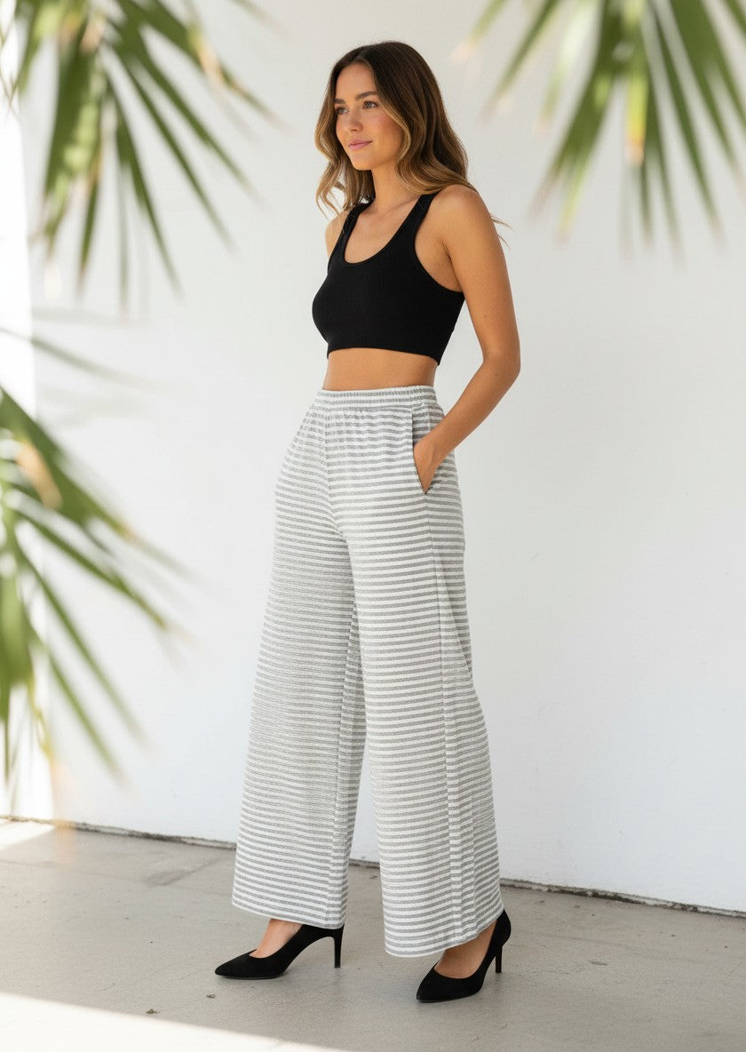 Pantaloni Invogue Again GIOTTA a righe bianche e grigie in cotone con vita elastica e tasche laterali