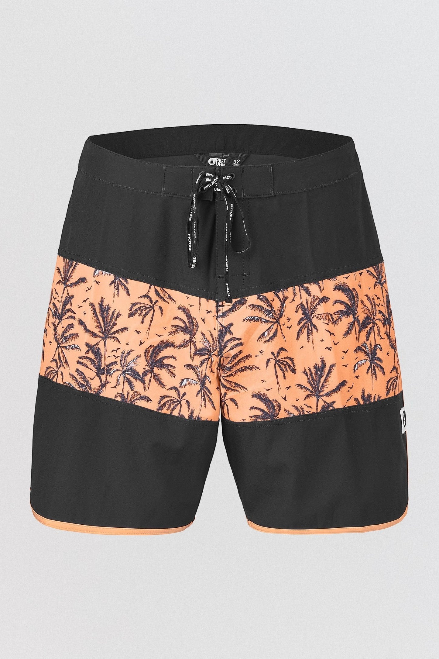 Invogue Again Picture Andy 17 boardshorts in black and orange with a tropical palm tree print and drawstring waist.