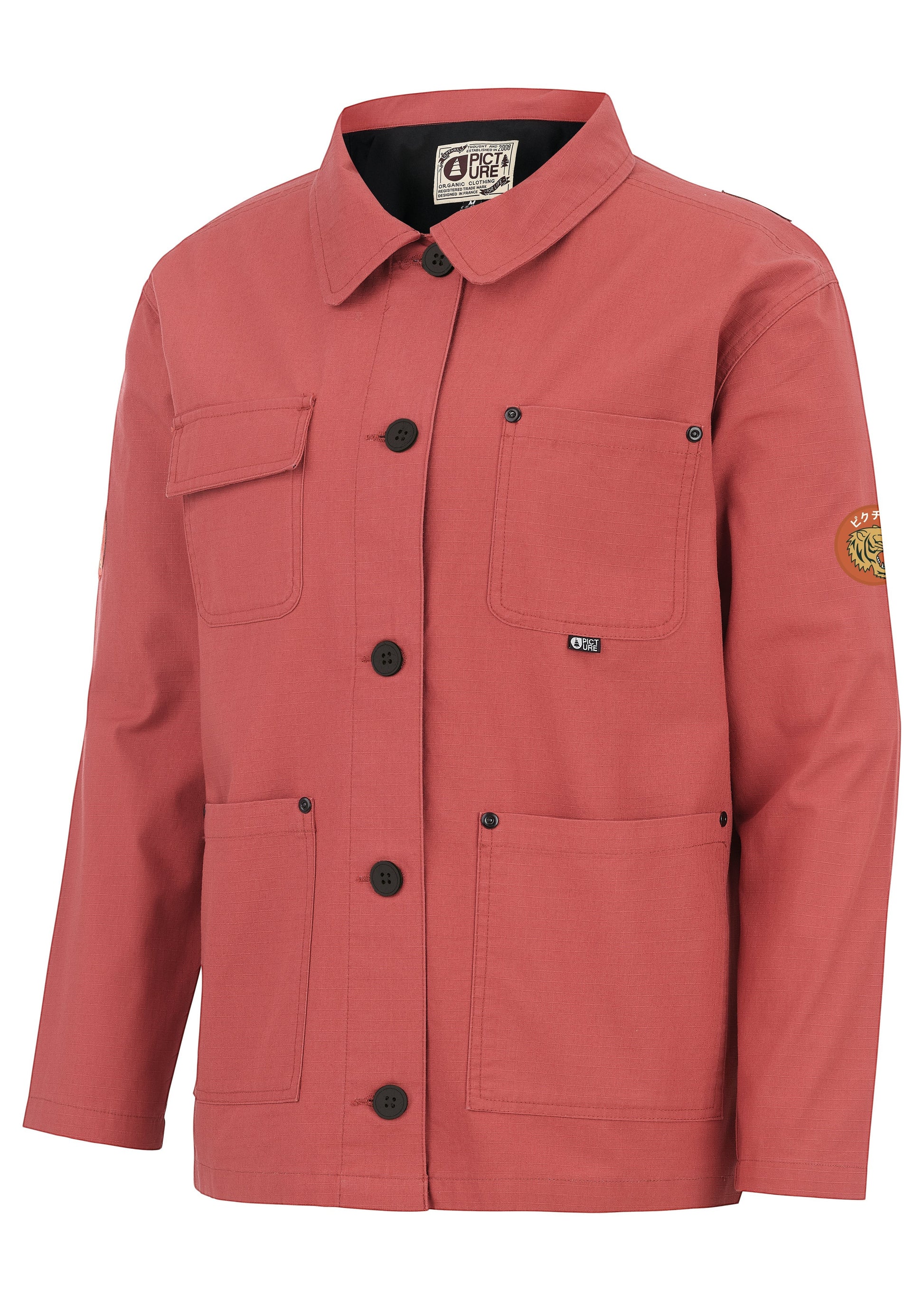 Invogue Again Picture Avanas JKT in redwood featuring a button-front closure, classic collar, and utility pockets.