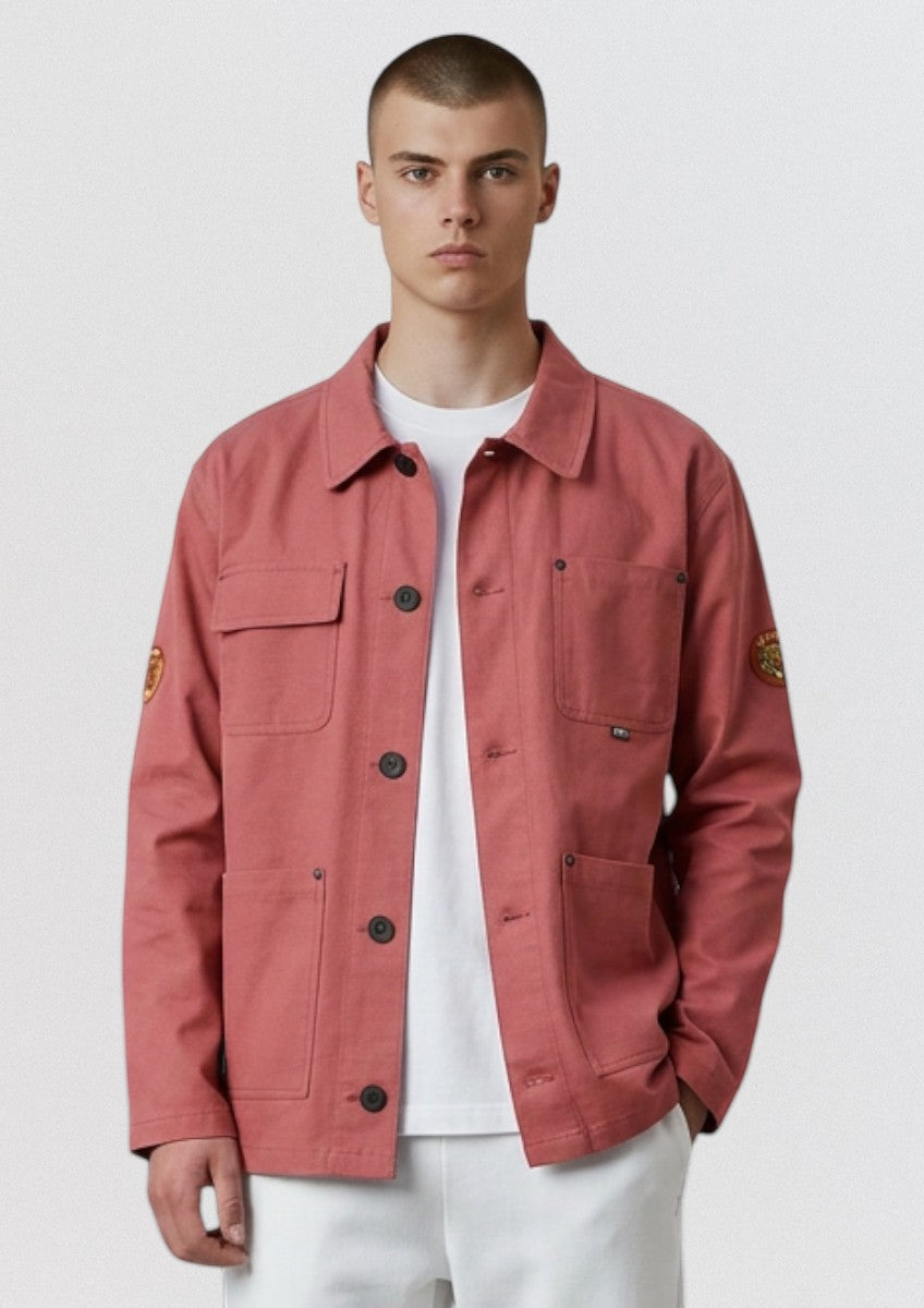 Invogue Again Picture Avanas JKT in redwood featuring a button-front overshirt design worn by a model in mountains