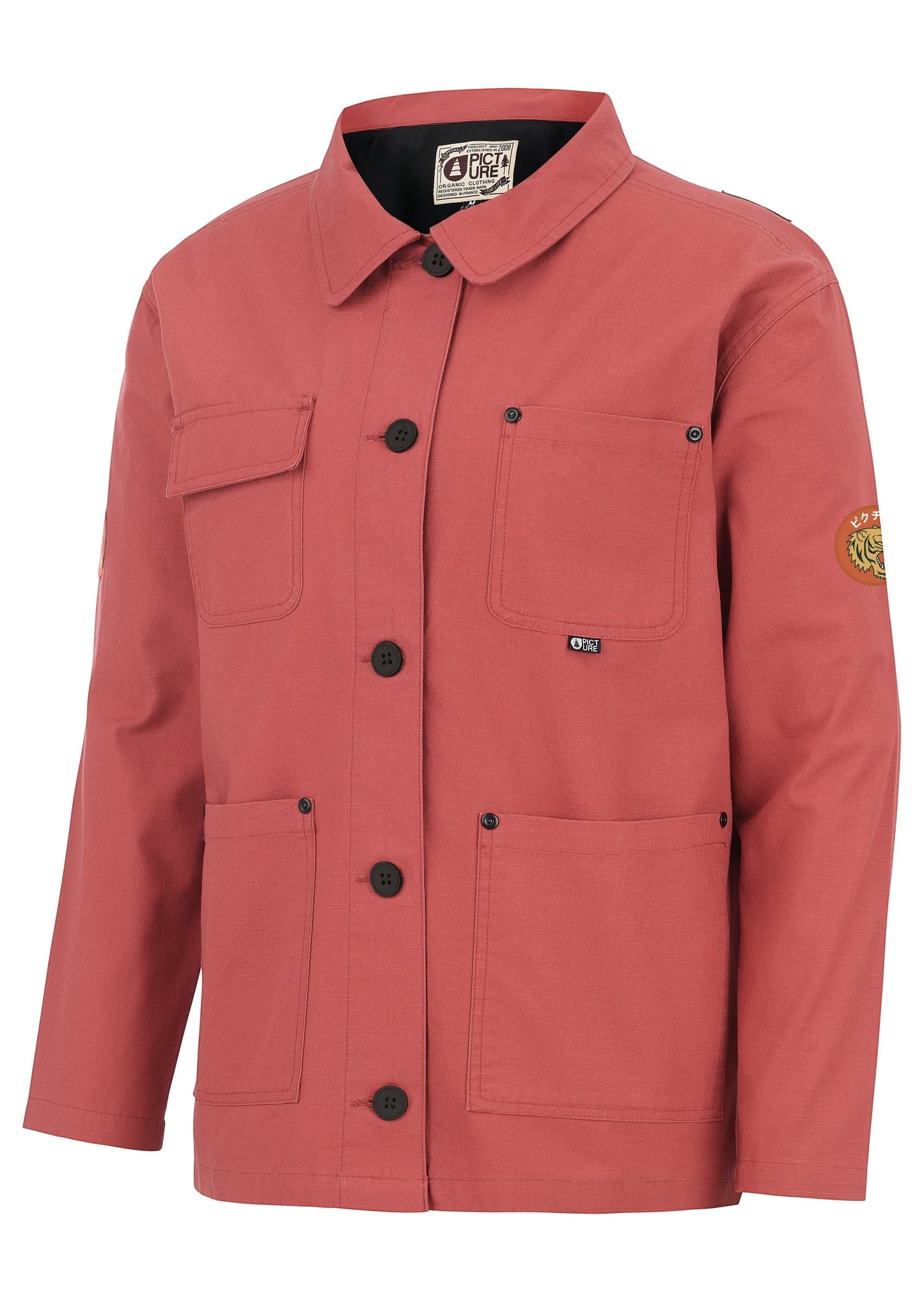 Invogue Again Picture Avanas JKT in redwood featuring a button-front closure, classic collar, and utility pockets.