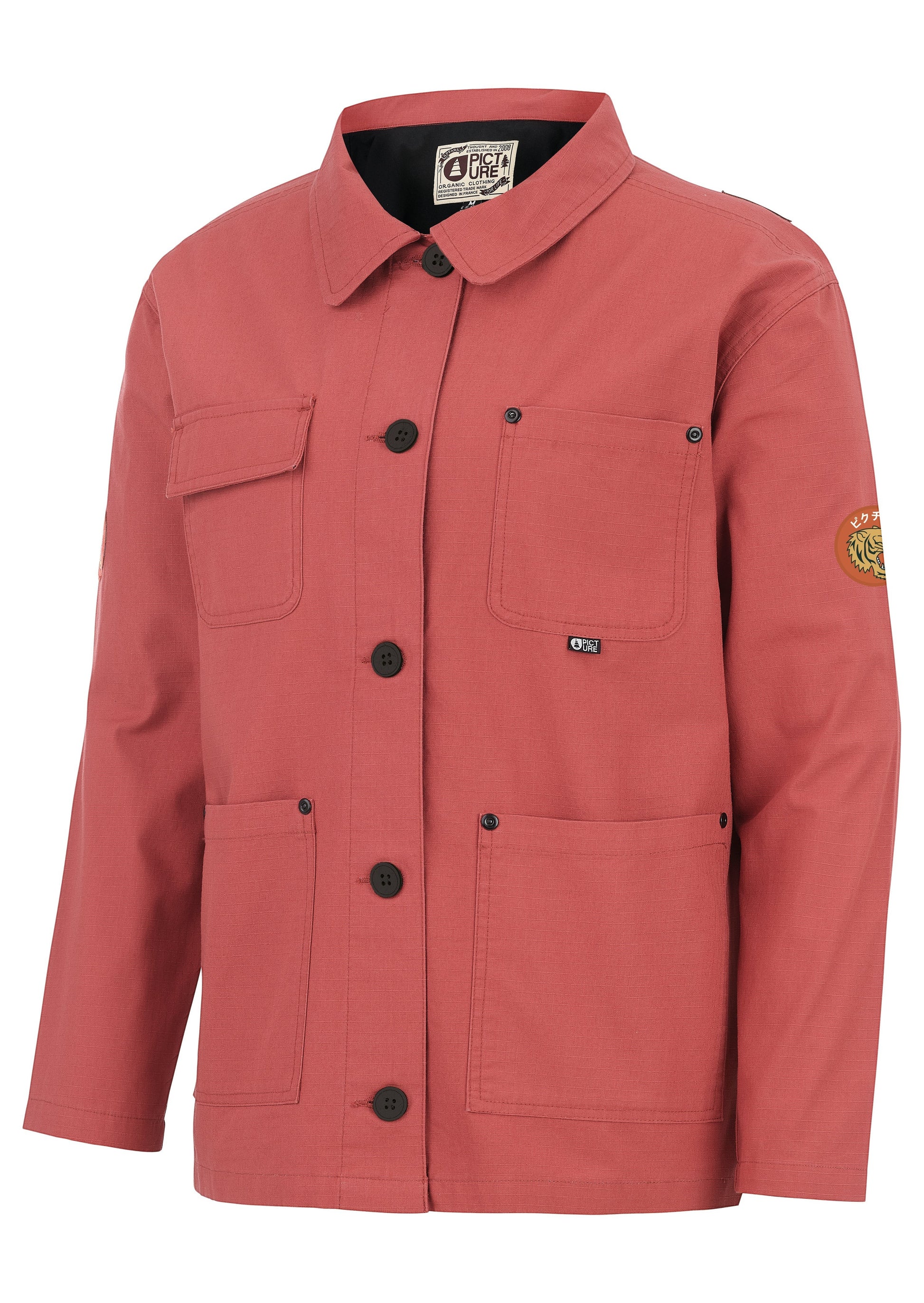 Invogue Again Picture Avanas JKT in redwood featuring a button-front closure, classic collar, and utility pockets.