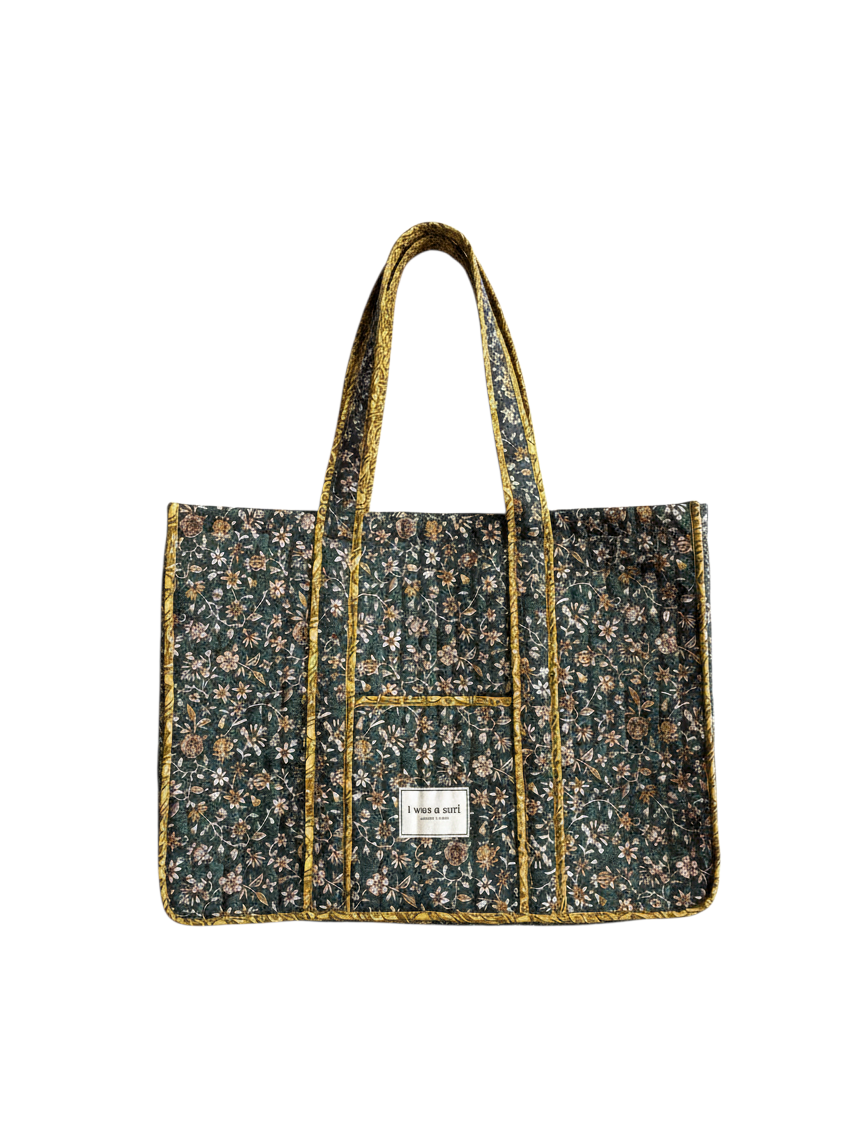 Invogue Again quilted work tote bag in dark green floral sari fabric with contrasting mustard yellow trim