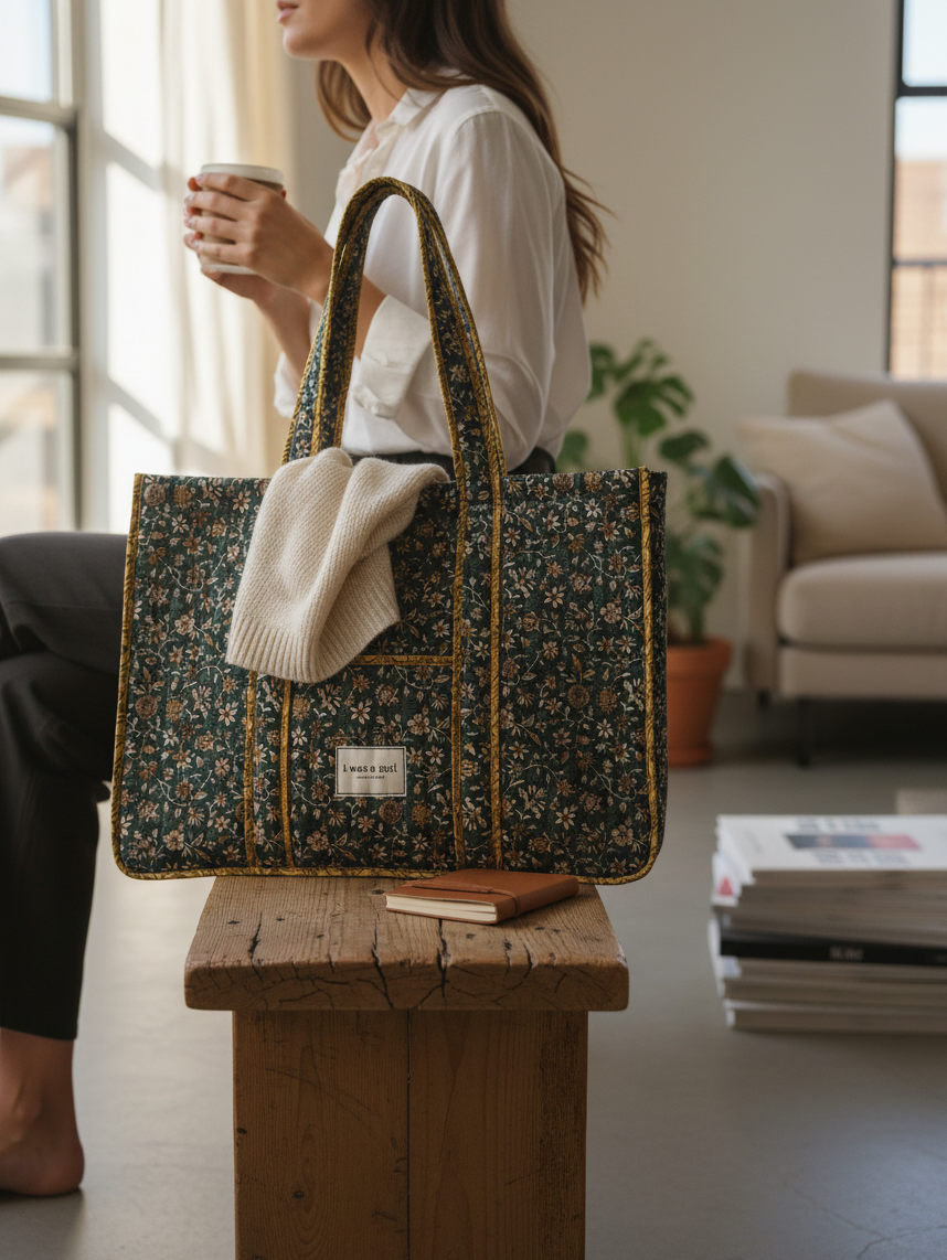 Invogue Again quilted work tote bag in dark floral sari fabric with reinforced structure and padded shoulder straps
