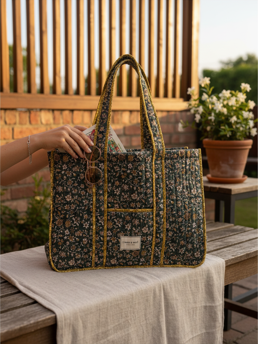 Invogue Again quilted work tote bag in dark floral sari fabric with mustard yellow trim and dual shoulder straps
