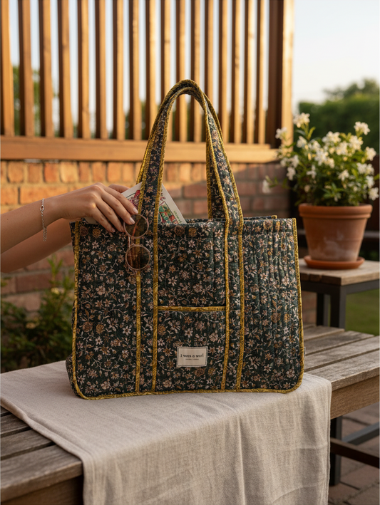 Invogue Again quilted work tote bag in dark floral sari fabric with mustard yellow trim and dual shoulder straps