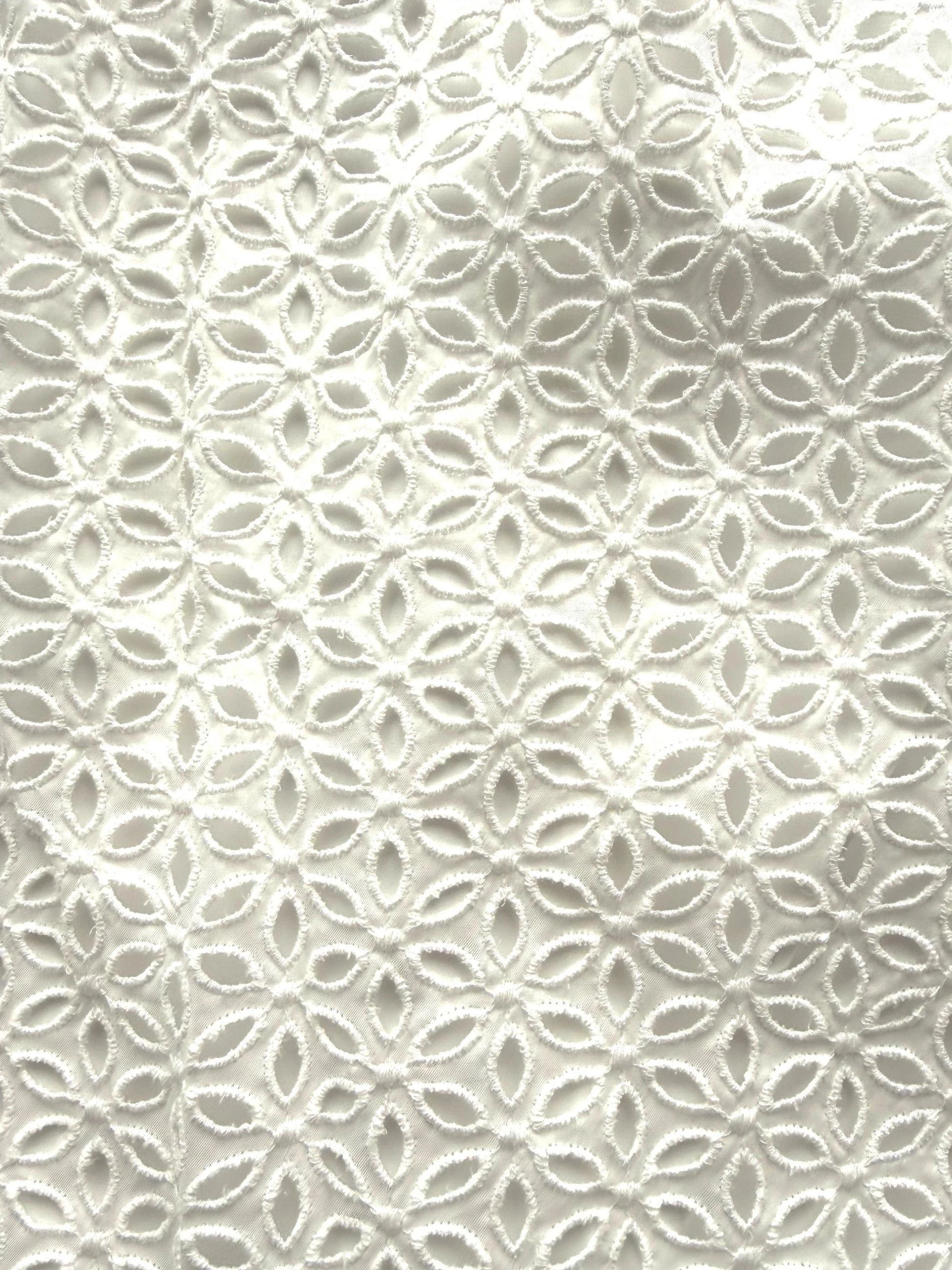 Dettaglio del tessuto bianco San Gallo con motivo floreale traforato per abito Invogue Again in cotone ed elastan